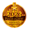 A gold-toned 2026 Pulse of the City News Award Winner badge featuring a star graphic and a city skyline silhouette. A blue, vertical rectangular logo featuring a stylized flame over a torch, with the letters