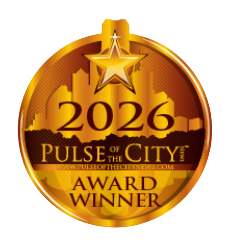 A blue, vertical rectangular logo featuring a stylized flame over a torch, with the letters 