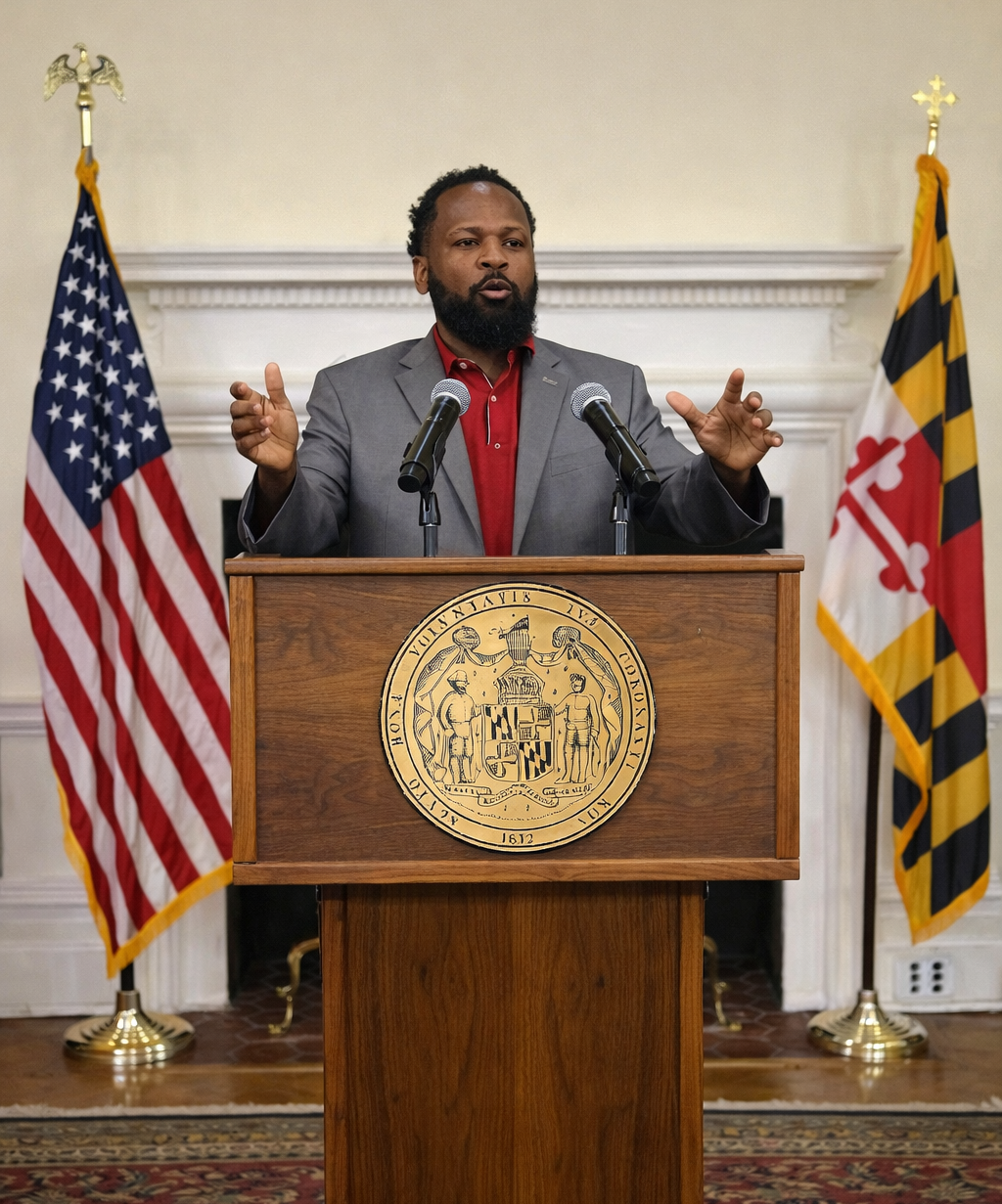 A man in a suit speaks at a podium with the US and Maryland flags behind him.