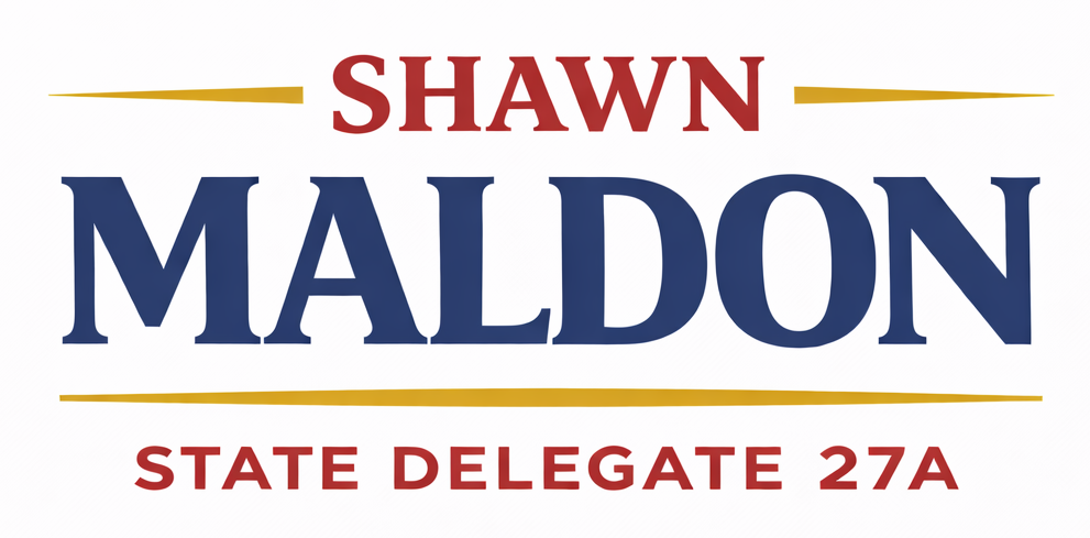 Shawn Maldon campaign sign. Name in large blue letters, 