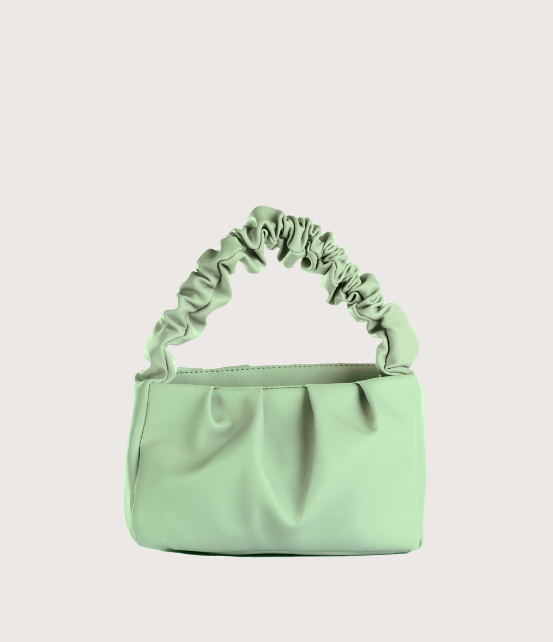 Light green, ruched handbag with gathered handle.