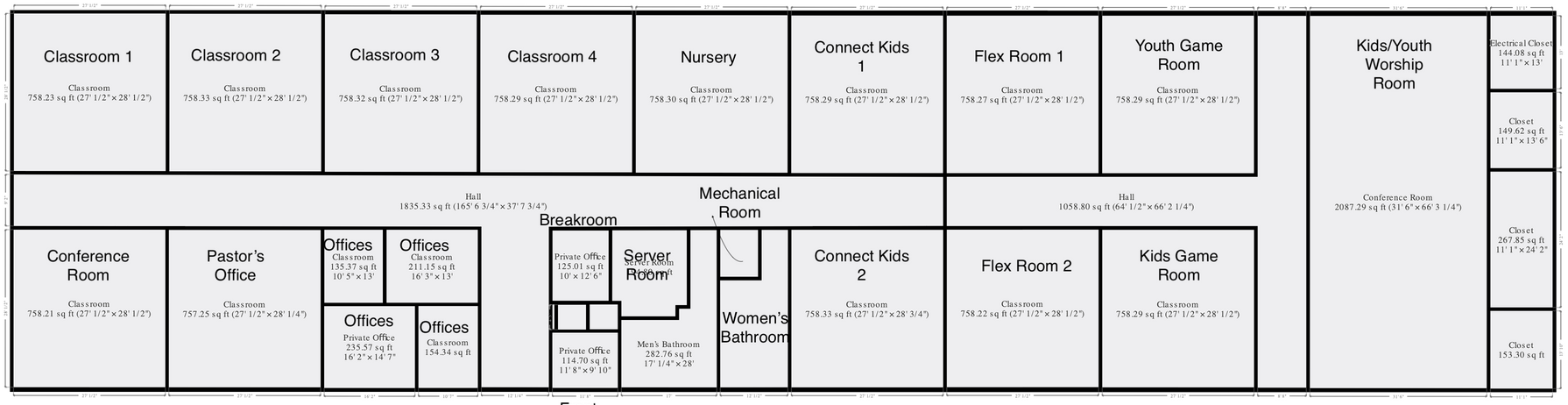 Floor plan of a building with several rooms, including offices, classrooms, and a reception area.