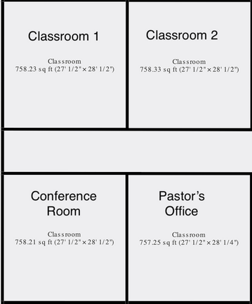 Floor plan: large square sanctuary, with smaller rooms for office, restrooms, etc., on the right.
