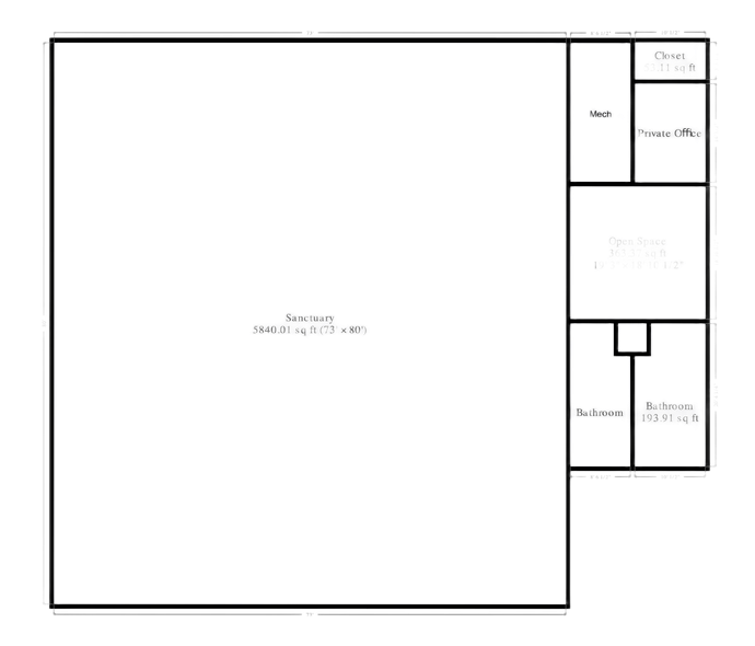 Floor plan: large square sanctuary, with smaller rooms for office, restrooms, etc., on the right.