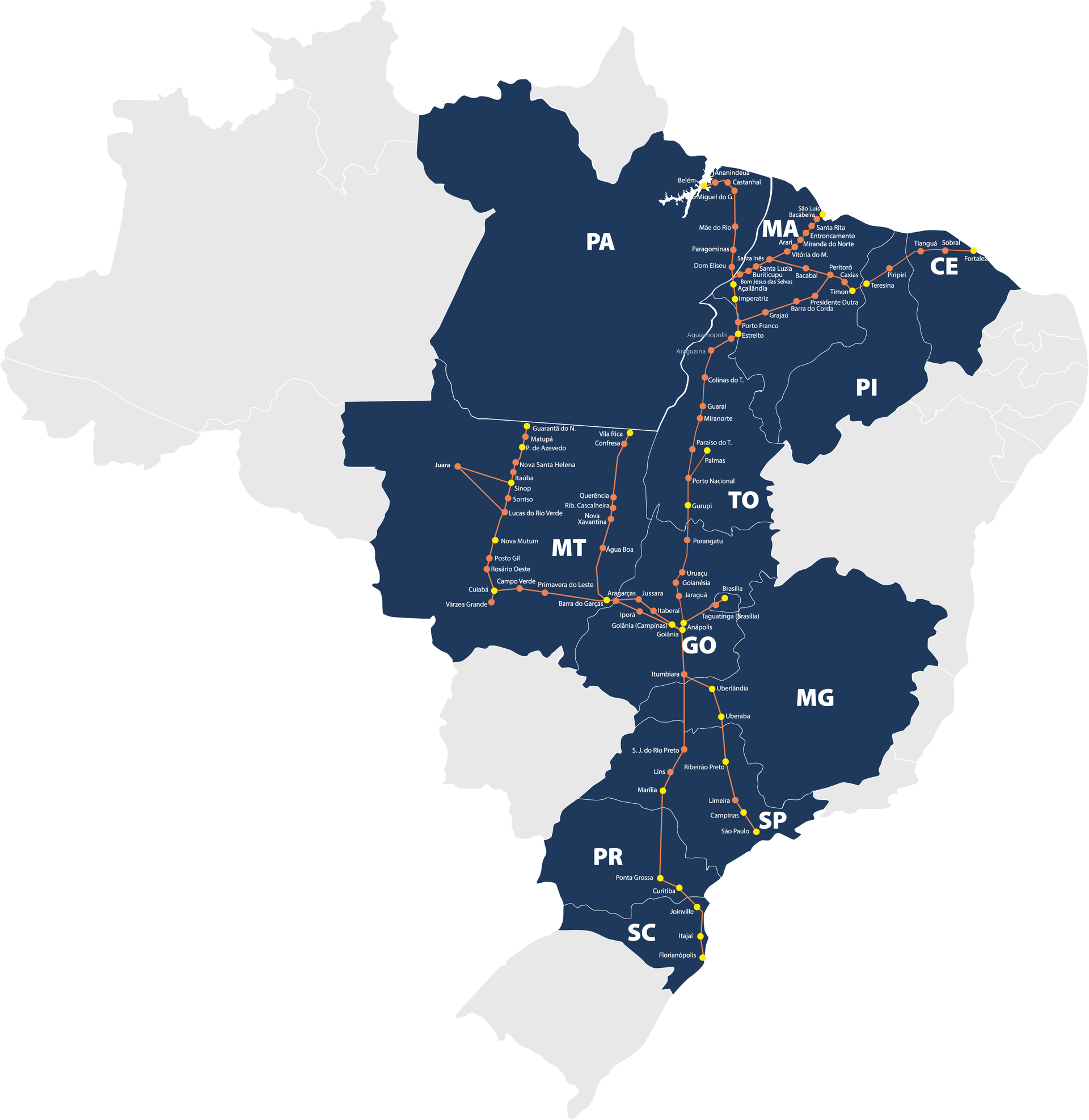 Mapa do Brasil com os estados em tom escuro conectados por uma rede rodoviária, destacando as rotas de trânsito entre diversas regiões.