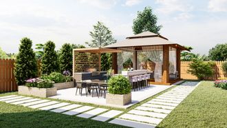 backyard design with freeform pool kitchen
