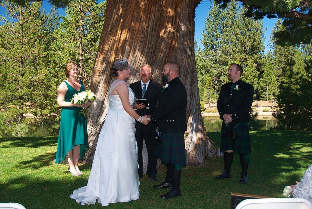 Wedding ceremony outdoors, bride and groom exchanging vows under a tree, attended by a bridesmaid and groomsman.