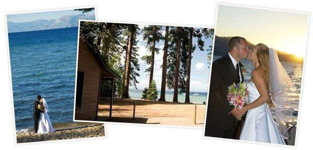 Wedding photos: Bride and groom kissing by water, a cabin by trees, and couple on a beach.