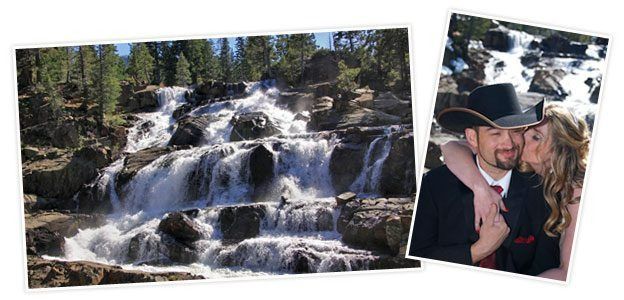 Two photos: waterfall and couple kissing wearing cowboy hats.