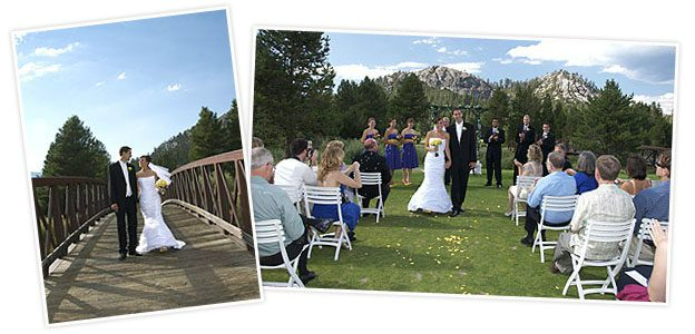 Wedding photos: Bride and groom on bridge and at outdoor ceremony with mountain backdrop.