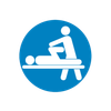 Icono circular azul que muestra a una persona ayudando a otra en una camilla de masaje.