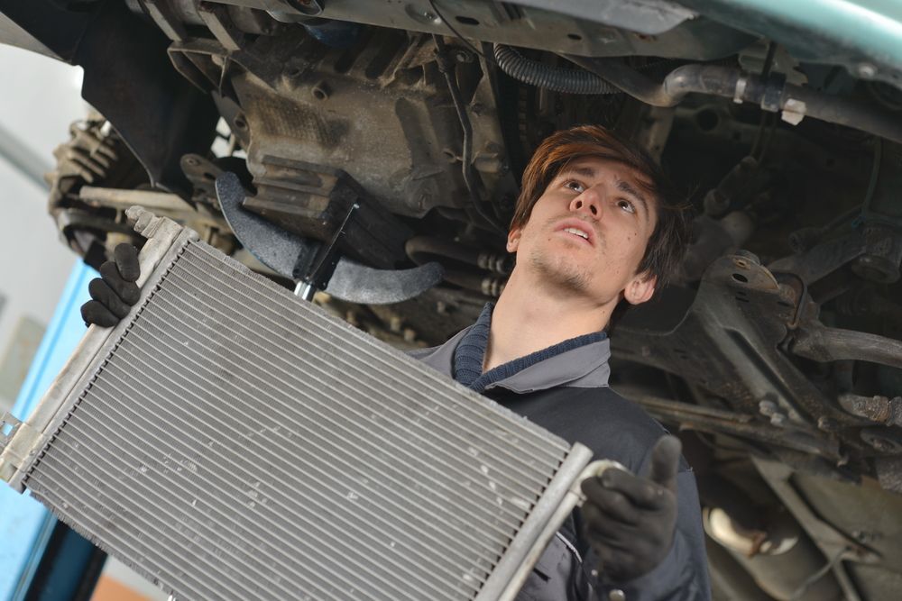 A Man Is Holding a Radiator Under a Car — Steve Purse Automotive In Huskisson, NSW
