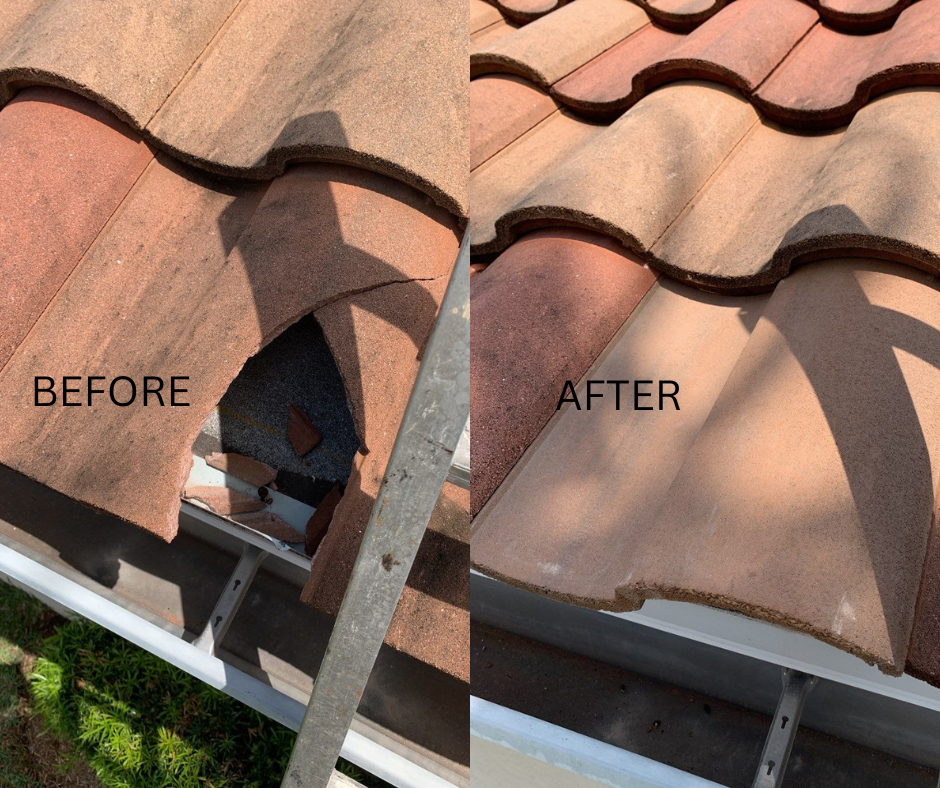A before and after picture of a roof with a hole in it.