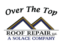 Over The Top Roof Repair logo with blue roof peaks and #CCC1333278