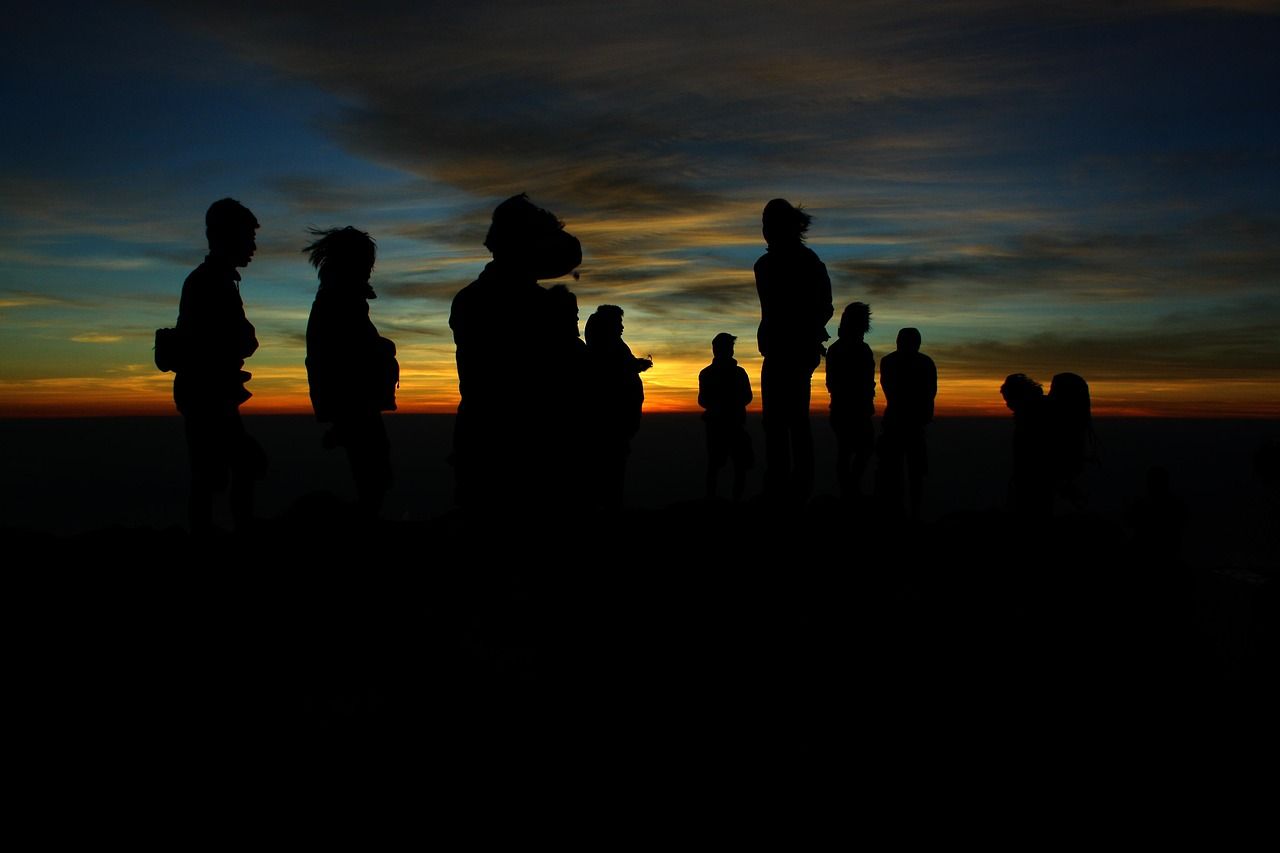 A group of people photographed during a sunset