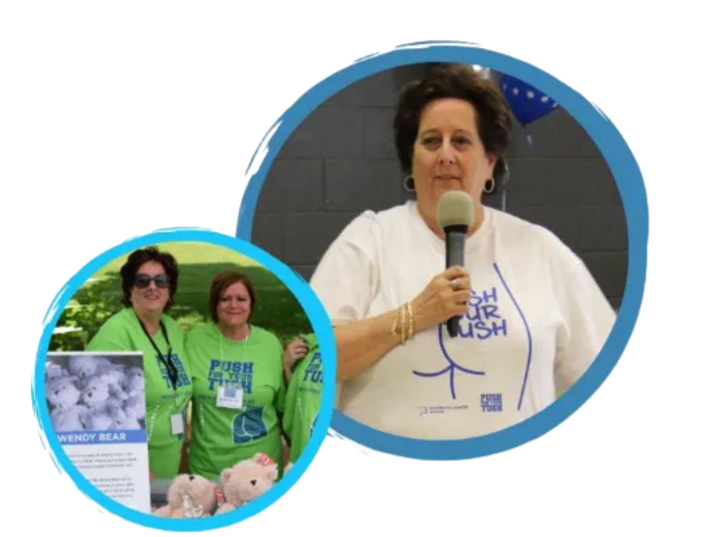 Woman speaking at event; inset shows volunteers at booth. Blue and green colors.