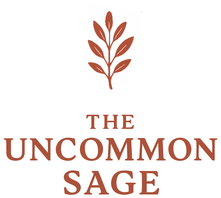 Logo: brown leaves above text "The Uncommon Sage."