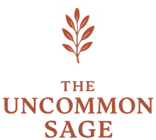 Logo: brown leaves above text "The Uncommon Sage."