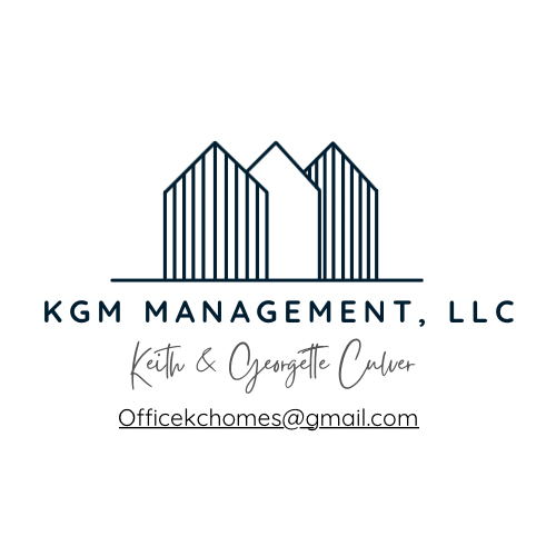 Logo for KGM Management, LLC with stylized building outlines and email address.