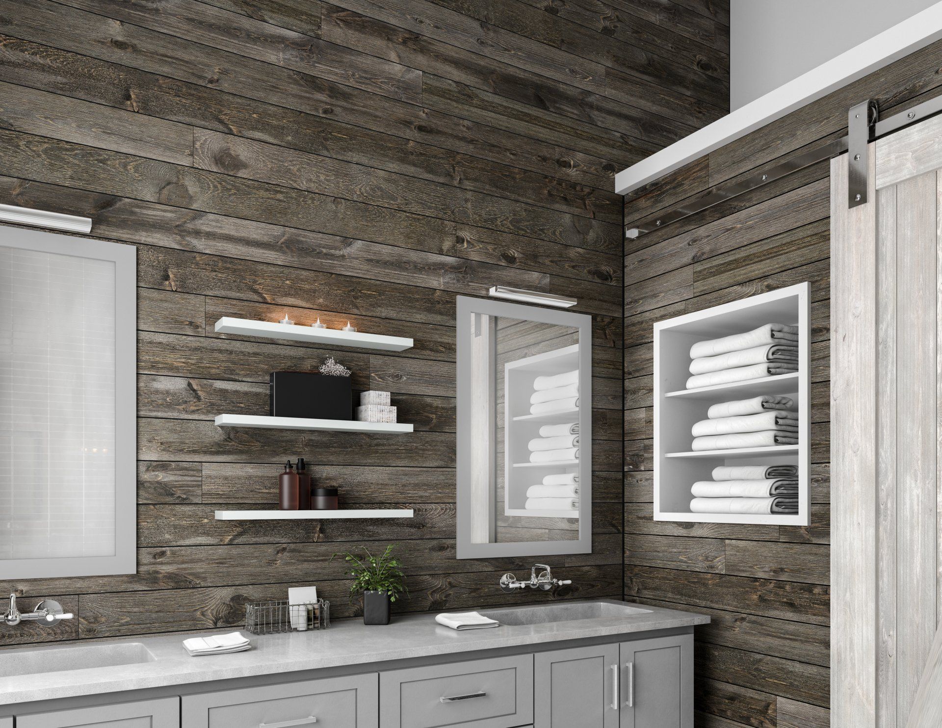A bathroom with a sink , mirror , shelves and a sliding barn door.