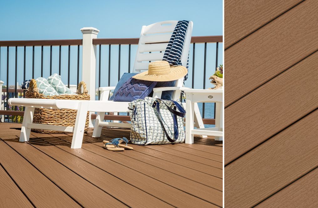 A deck with chairs , a table and a bag on it
