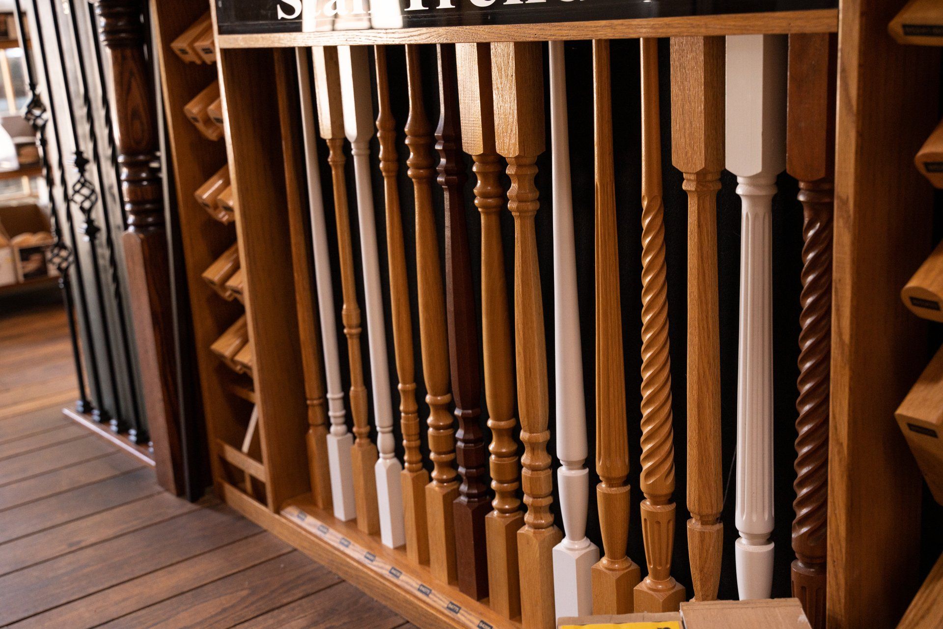 A display of wooden balusters in a store.