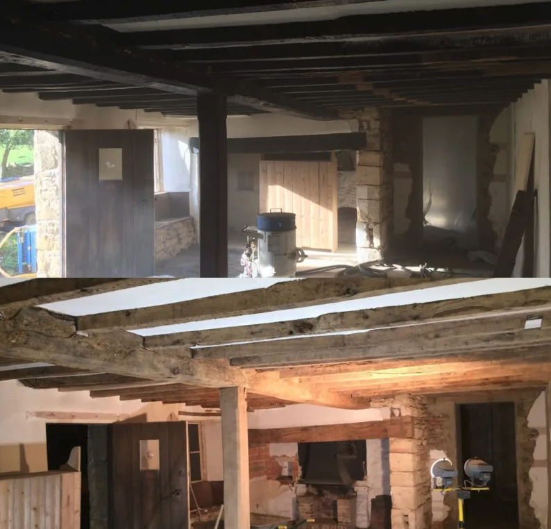 Micro blasting by Protinus beams - paint removal from wooden beams before and after