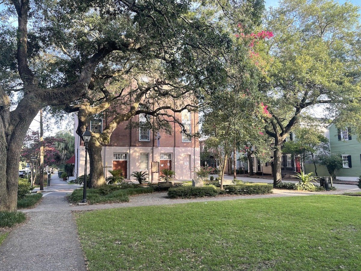 Looking west from the center of Greene Square towards the 2nd African Baptist Church in Savannah, Georgia