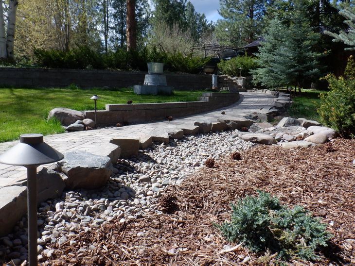 Stone pathway winding through a yard with rocks, mulch, and greenery.