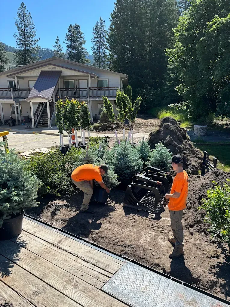 Two people planting trees outside a building. One is using a rake and the other is holding a tablet.
