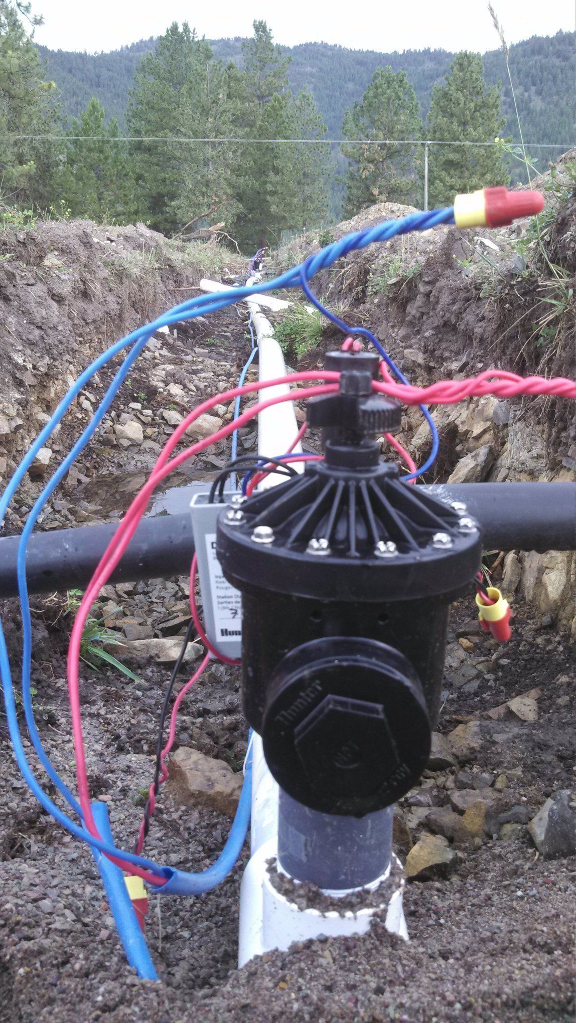 Irrigation valve with wires and piping in an open trench, near trees and a fence.