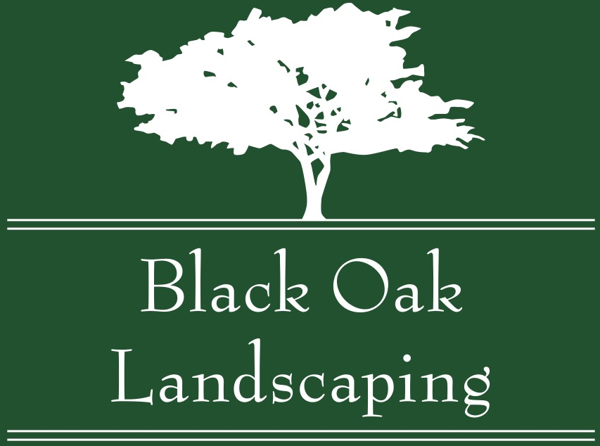 Logo for Black Oak Landscaping: white tree on dark green background, company name below.