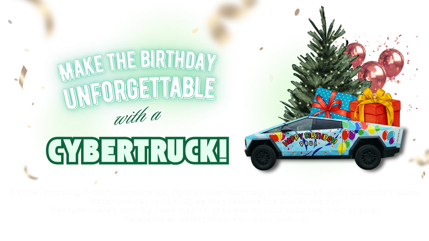 Custom cybertruck with birthday kid children name party service car rental celebration