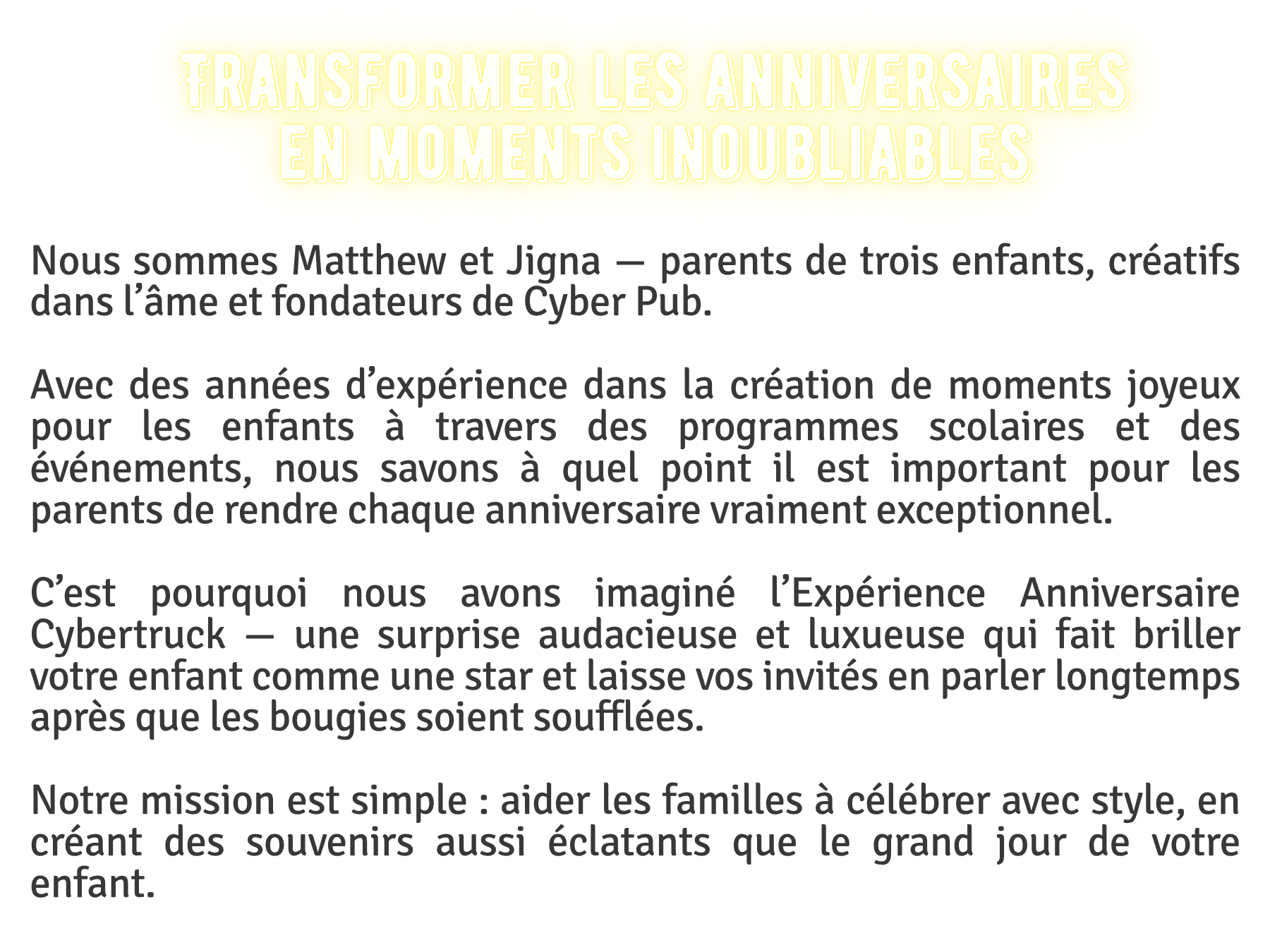 Text about founders of Cyber Pub, offering a luxury 