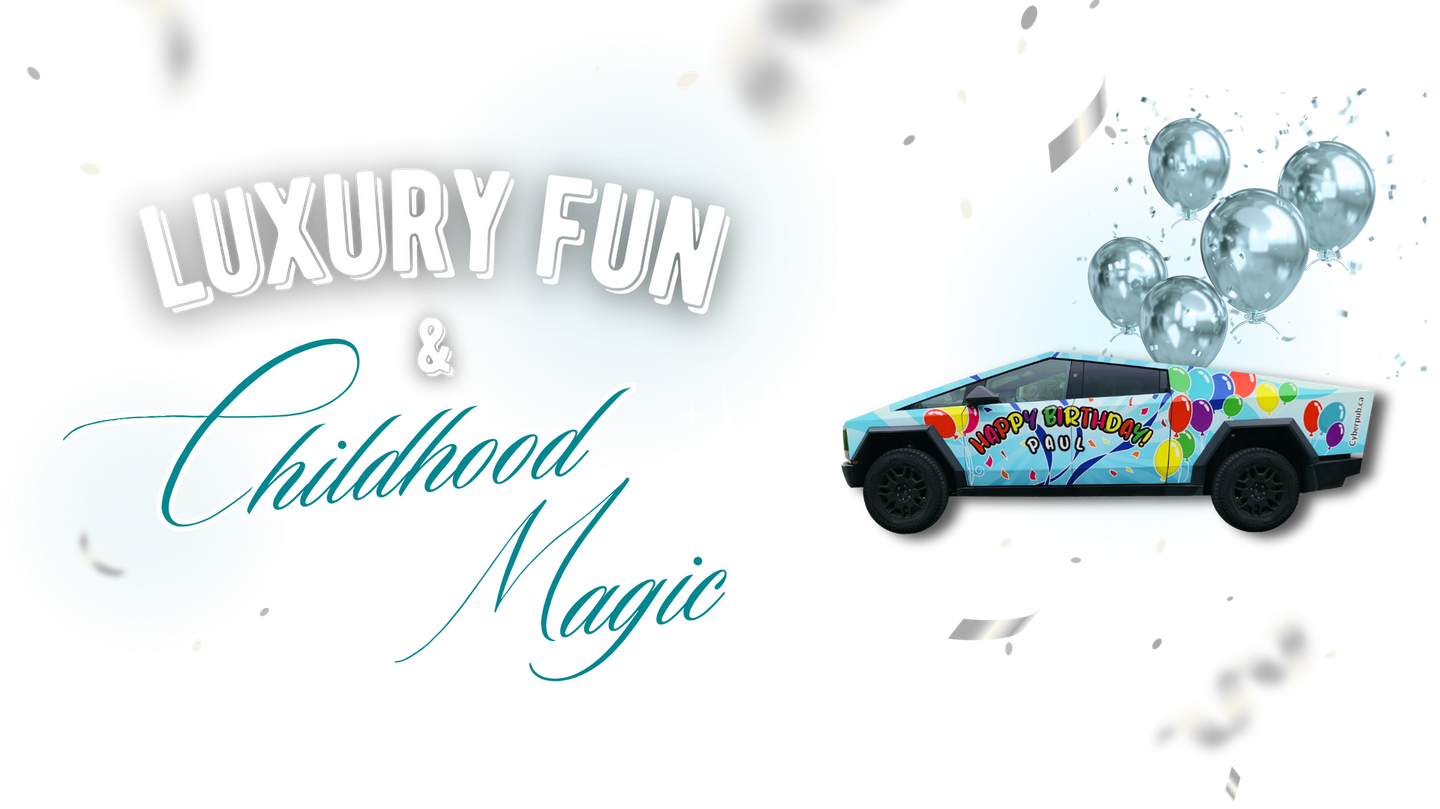 A decorated Tesla Cybertruck with balloons, text 