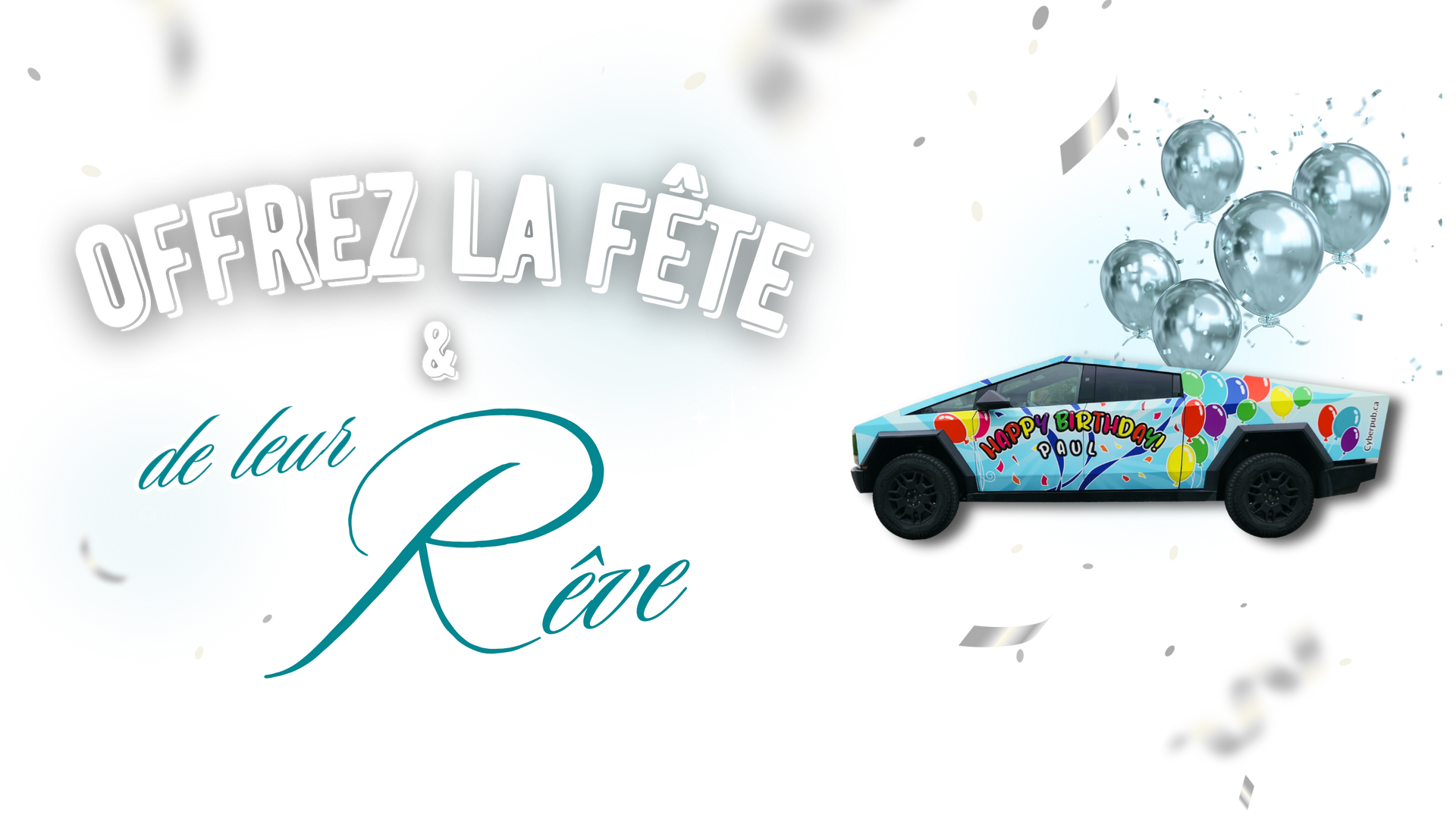A decorated Tesla Cybertruck with balloons, text 