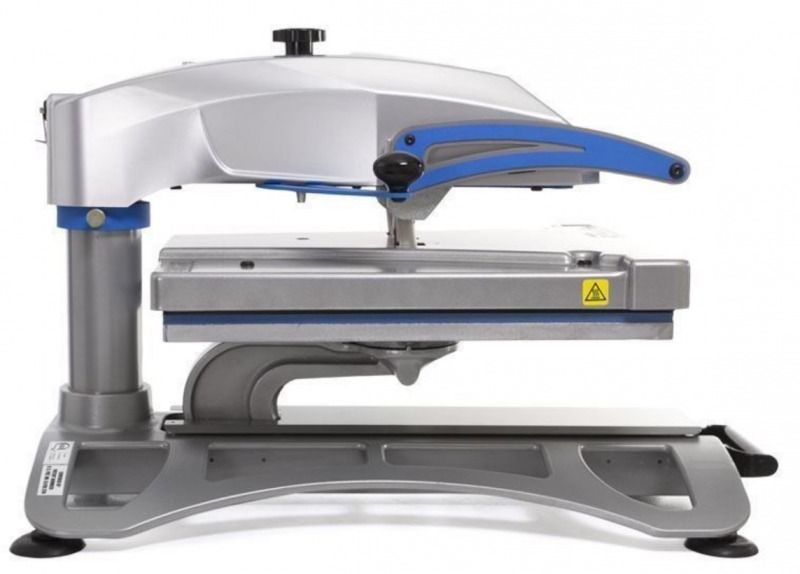 A machine with a blue handle and a yellow warning sign on it