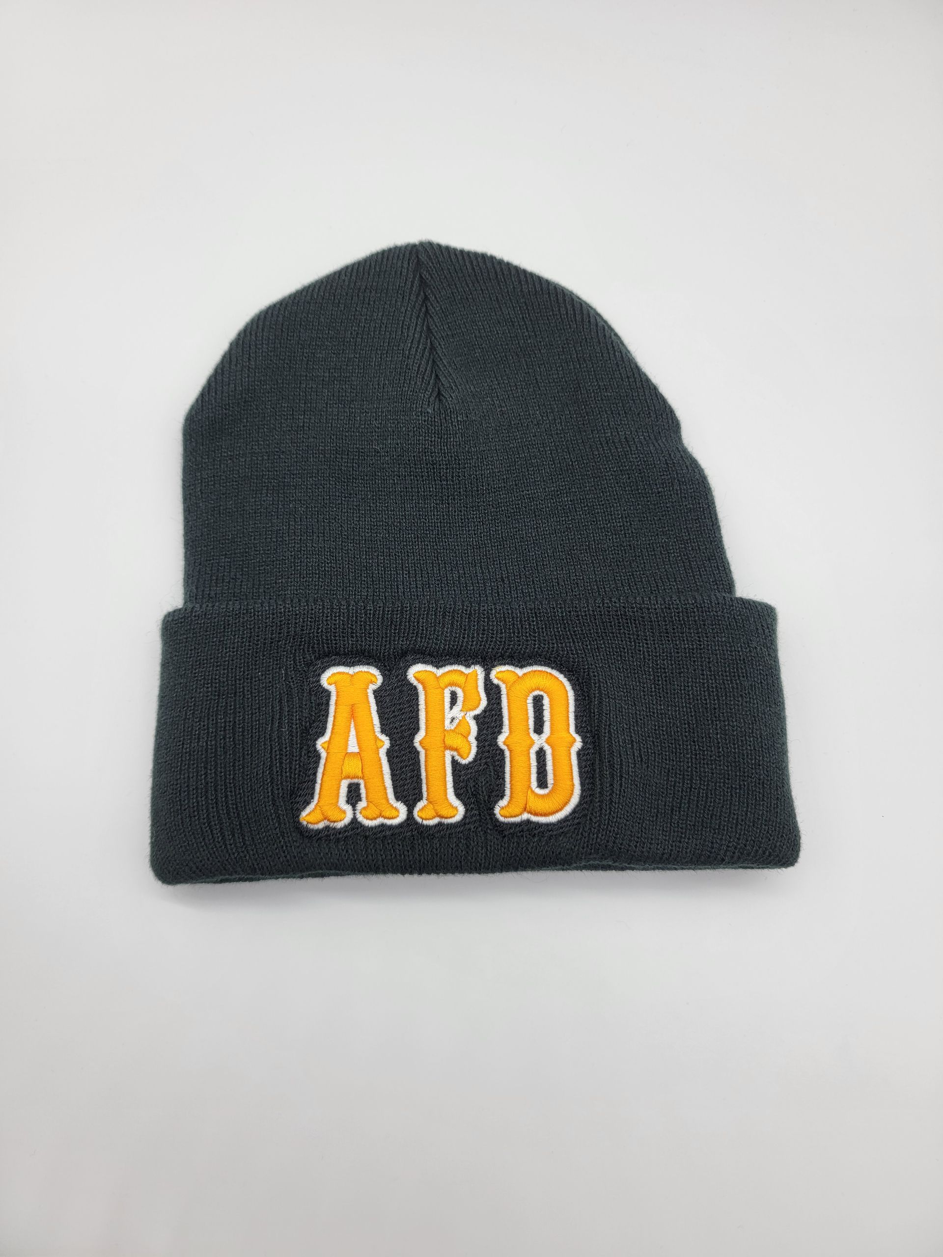 A gray beanie with the word afd embroidered on it