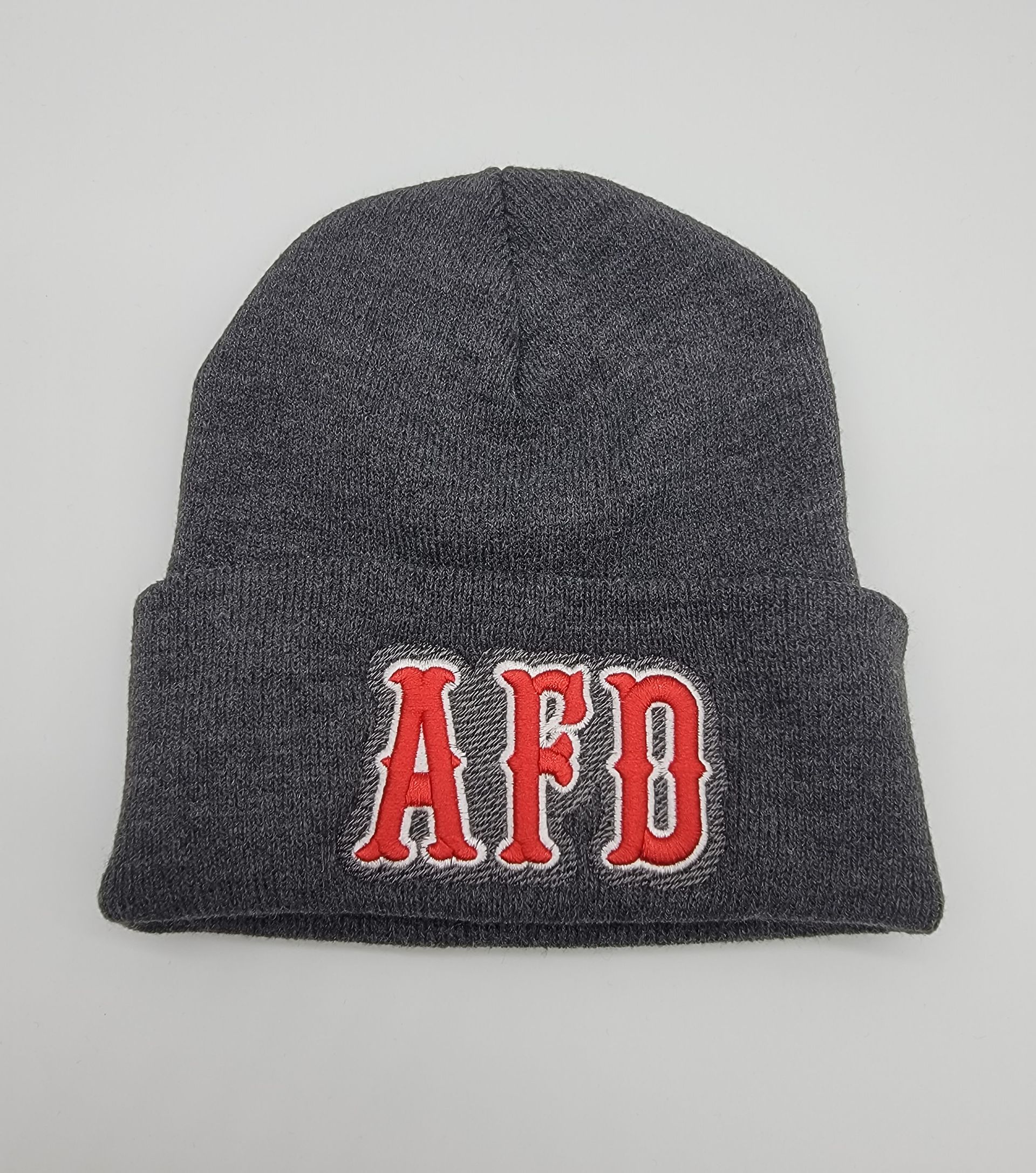 A gray beanie with the word afd embroidered on it