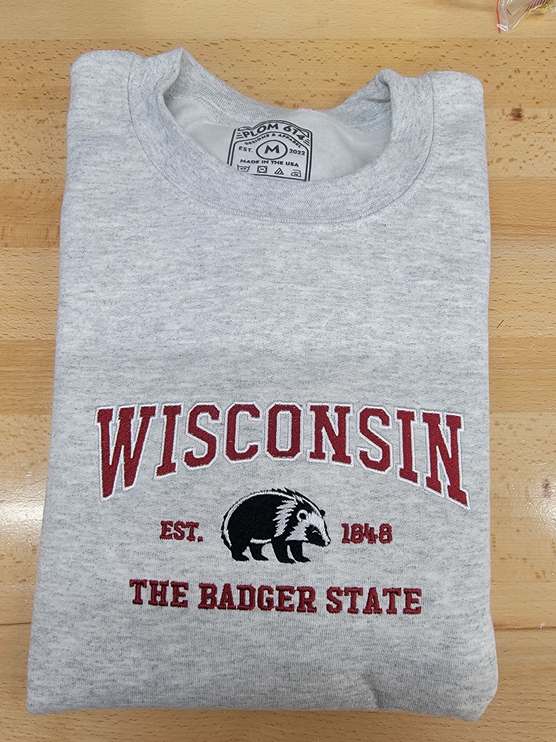 Wisconsin The Badger State Embroidered Crewneck Sweatshirt or Hoodie
