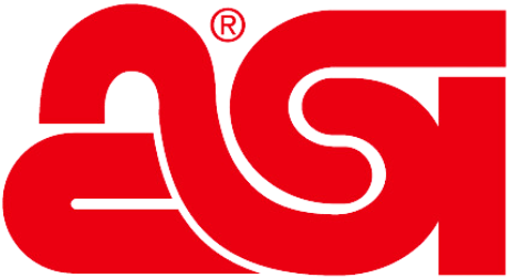 A red and white logo for a company called asi