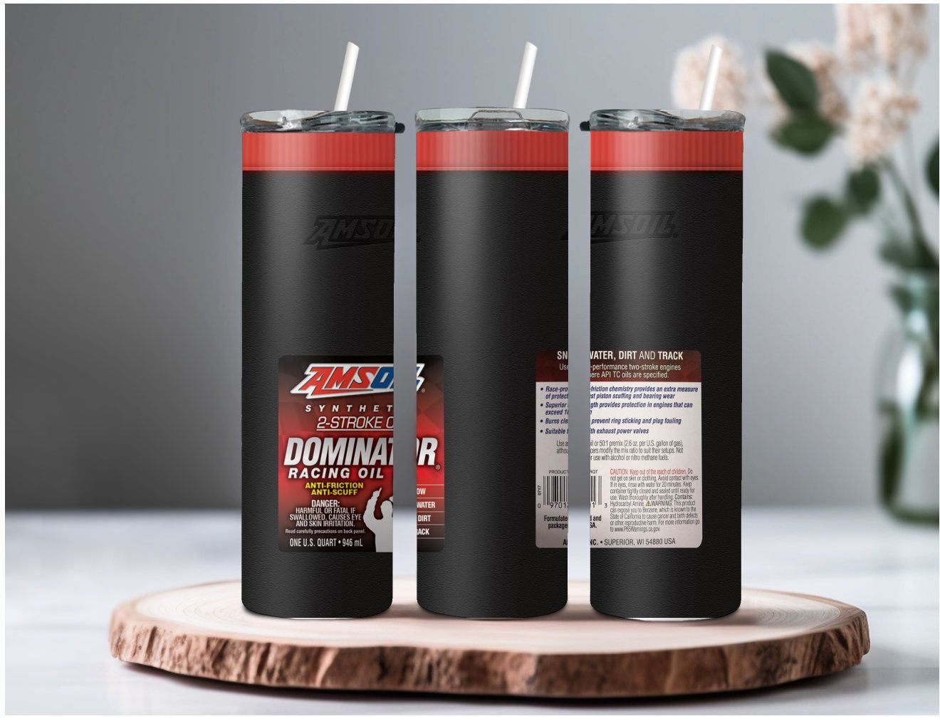 Amsoil Dominator Racing Oil - 20 oz Straight Tumbler, COmes with 2 Tops, and Straw