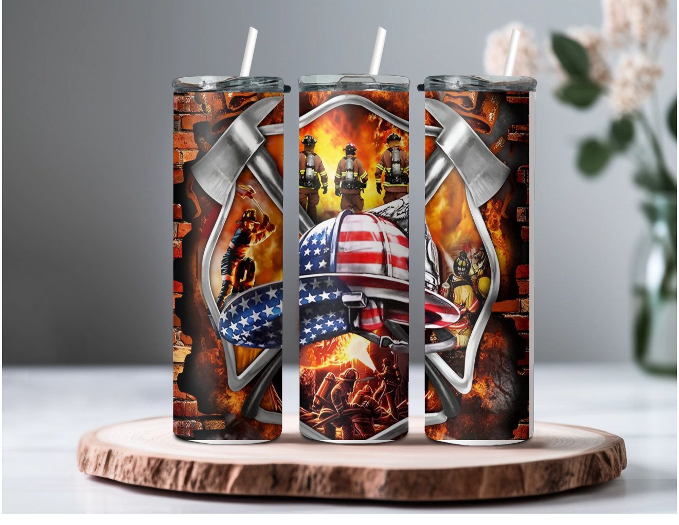 American Firefighter Tumbler - 20 oz Straight Tumbler - Comes w/ 2 Tops