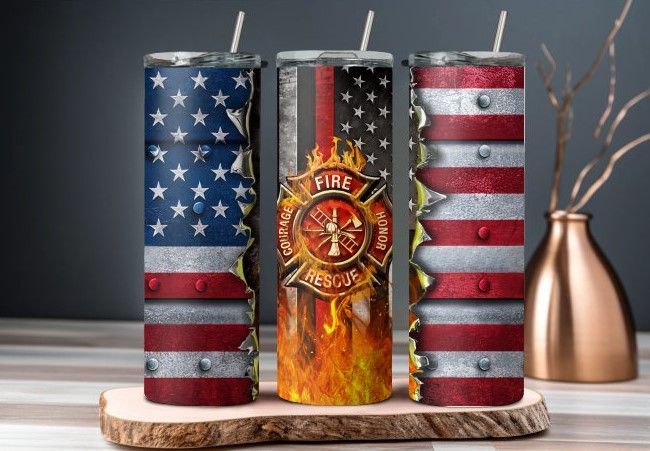 Fire Dept. USA Flag Tumbler - 20 oz Straight Tumbler - Comes w/ 2 Tops