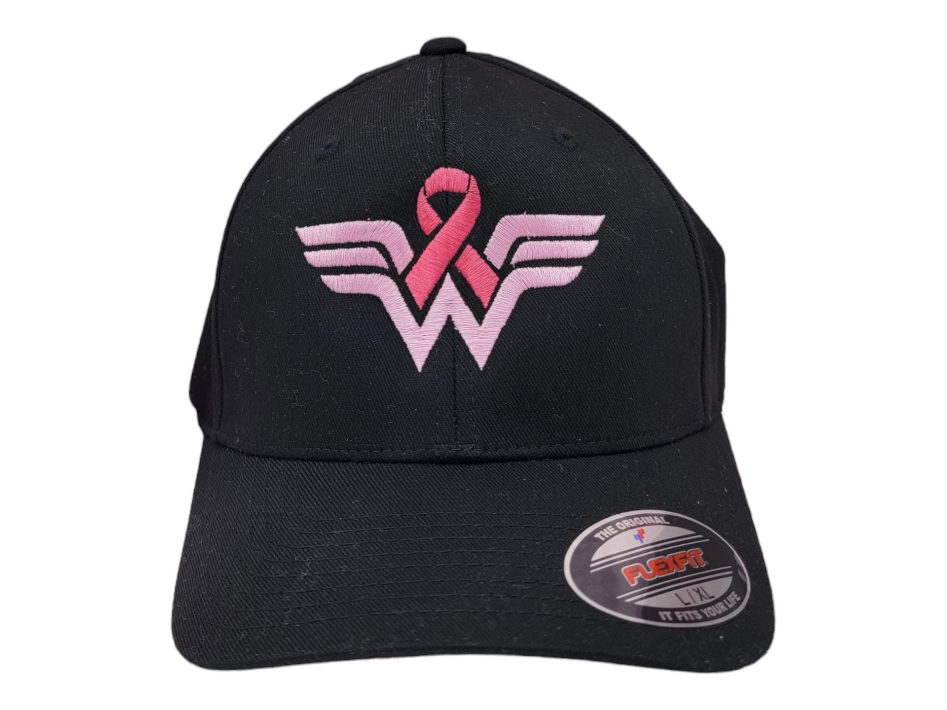 A black baseball cap with a pink ribbon on it