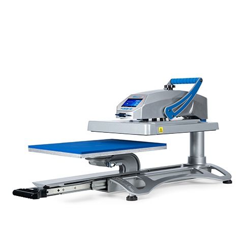 A heat press machine is sitting on top of a table on a white background.