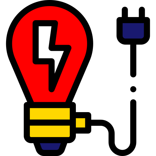 A light bulb with a lightning bolt on it and a plug attached to it.