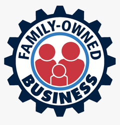 A family owned business logo in the shape of a gear