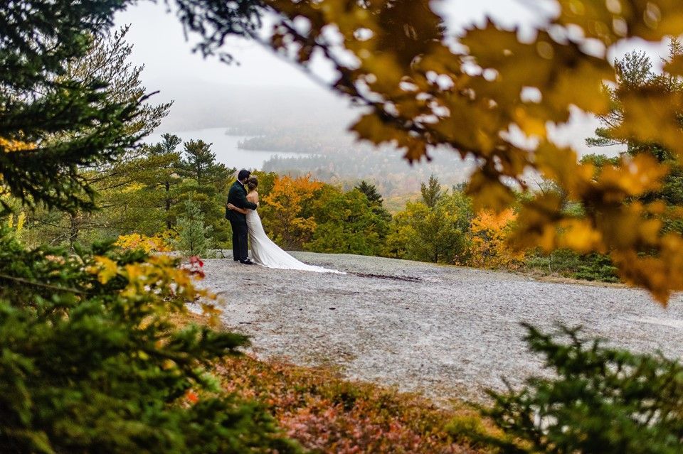 A bride and groom are kissing on a road in the woods.