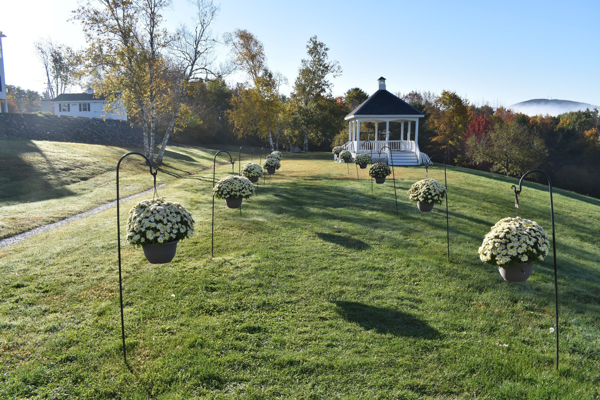 A gazebo in the middle of a lush green field